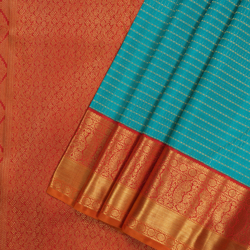 Hayagrivas Handloom Teal Kanjivaram Silk Saree with Red Border KBF95D6-3