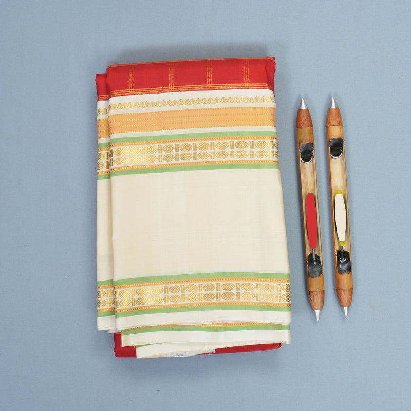Hayagrivas Handloom Red Kanjivaram Silk Saree with Half-White Border KBF965I2-1
