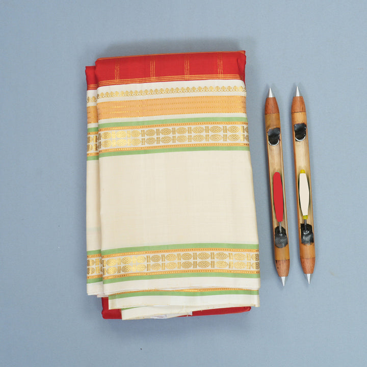 Hayagrivas Handloom Red Kanjivaram Silk Saree with Half-White Border KBF965I2-1