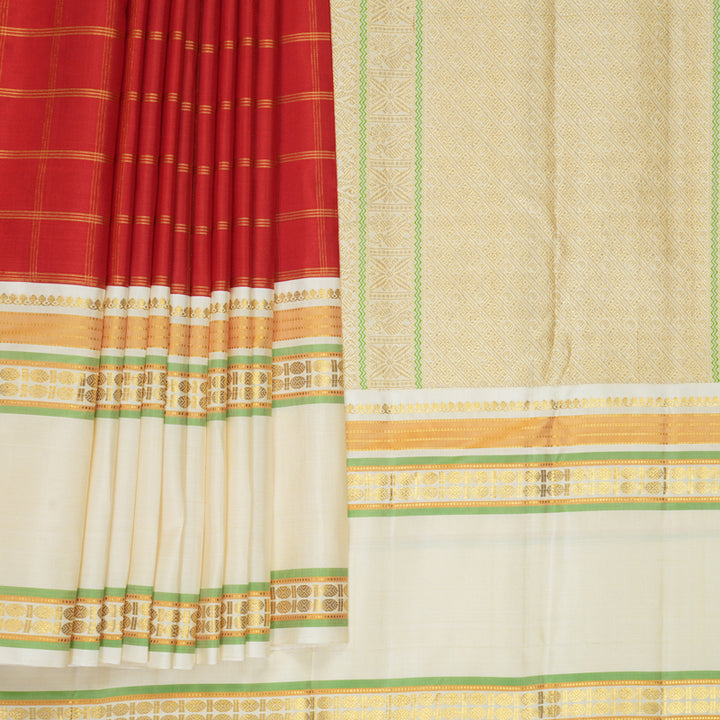 Hayagrivas Handloom Red Kanjivaram Silk Saree with Half-White Border KBF965I2-1
