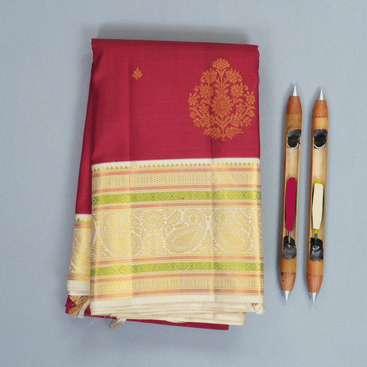 Hayagrivas Handloom Reddish-Pink Kanjivaram Silk Saree with Ivory Border KBF965I3-2