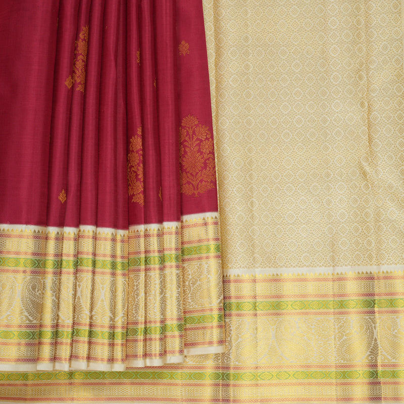 Hayagrivas Handloom Reddish-Pink Kanjivaram Silk Saree with Ivory Border KBF965I3-2