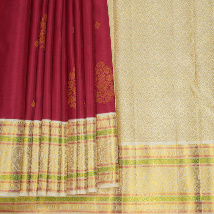Hayagrivas Handloom Reddish-Pink Kanjivaram Silk Saree with Ivory Border KBF965I3-2