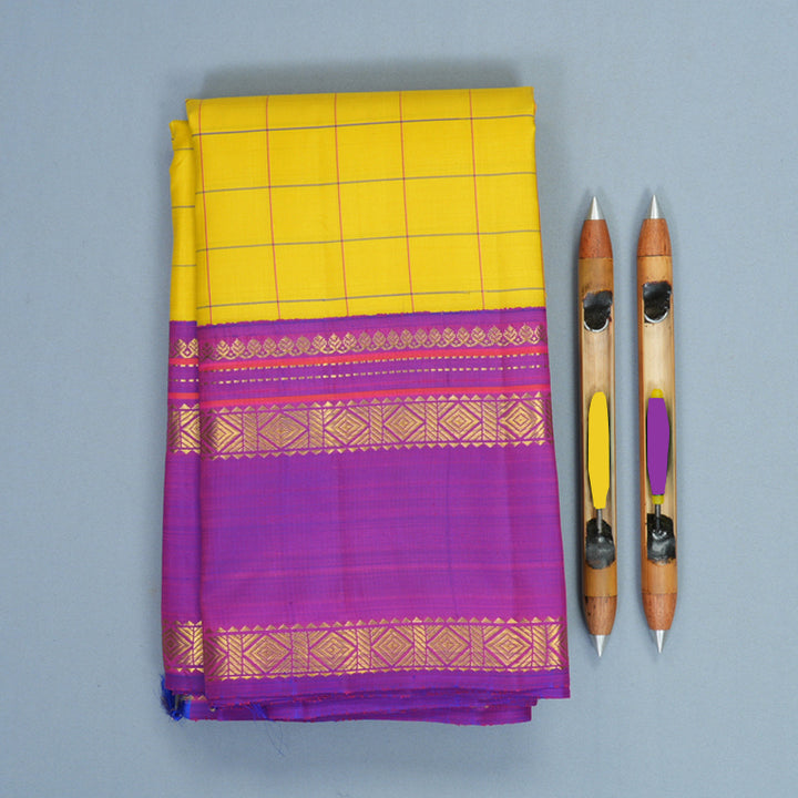 Hayagrivas Handloom Lemon Yellow Kanjivaram Silk Saree with Purple Border KBF965I4-1