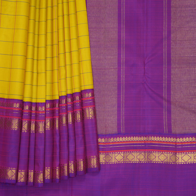 Hayagrivas Handloom Lemon Yellow Kanjivaram Silk Saree with Purple Border KBF965I4-1