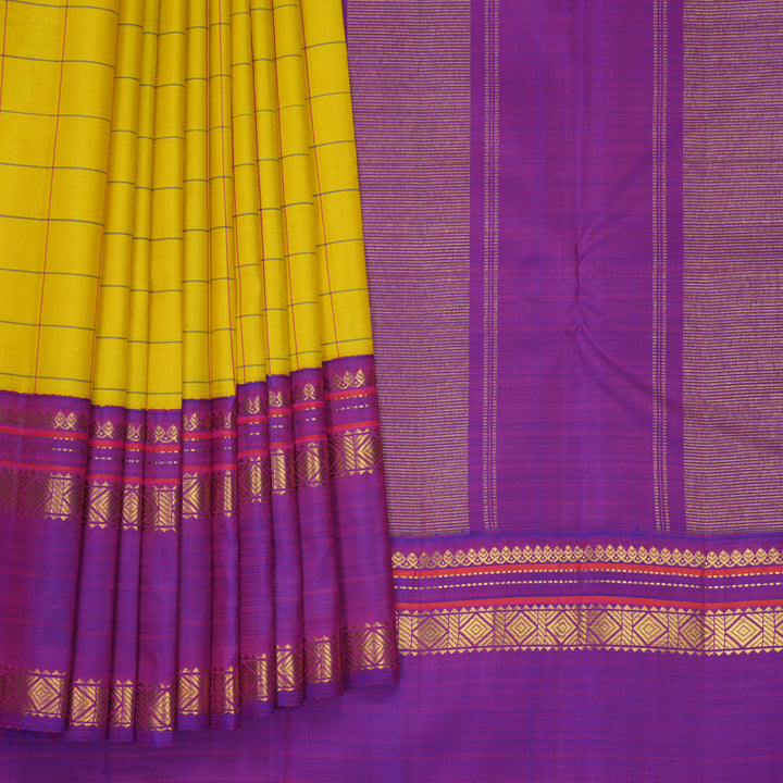 Hayagrivas Handloom Lemon Yellow Kanjivaram Silk Saree with Purple Border KBF965I4-1