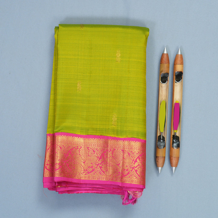 Hayagrivas Handloom Fluorescent Green Kanjivaram Silk Saree with Pink Border KBF966I5-1