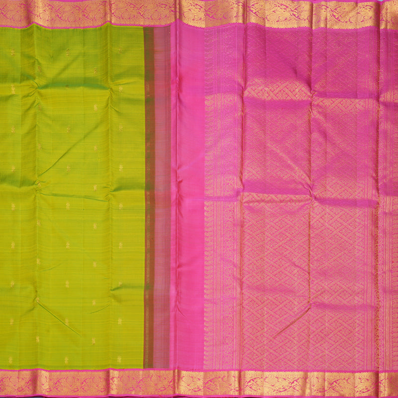 Hayagrivas Handloom Fluorescent Green Kanjivaram Silk Saree with Pink Border KBF966I5-1