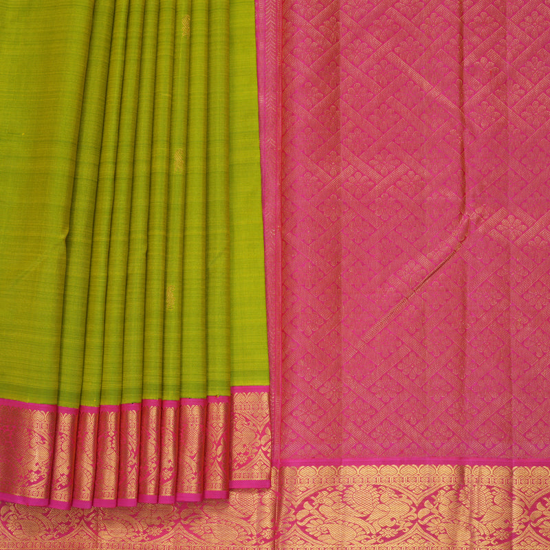 Hayagrivas Handloom Fluorescent Green Kanjivaram Silk Saree with Pink Border KBF966I5-1