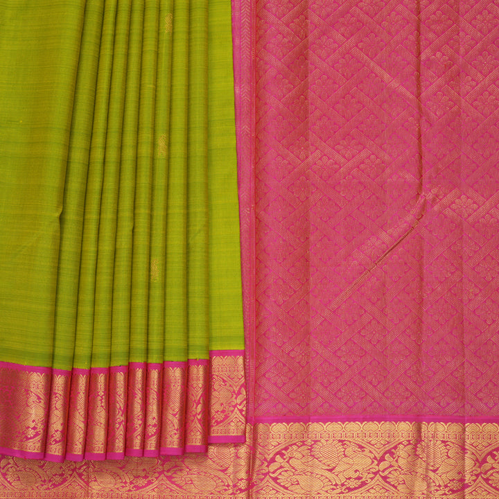 Hayagrivas Handloom Fluorescent Green Kanjivaram Silk Saree with Pink Border KBF966I5-1