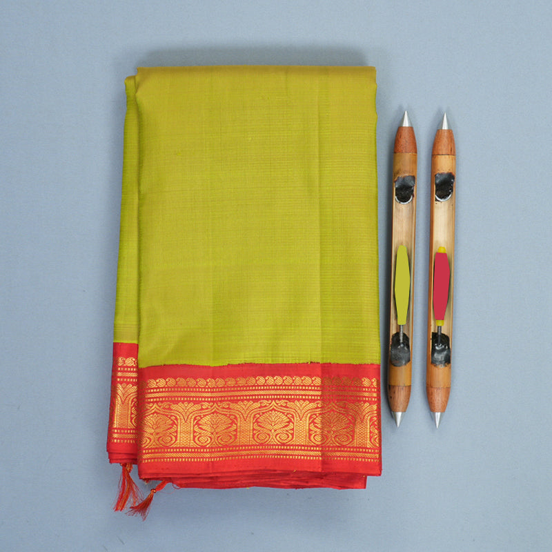 Hayagrivas Handloom Fluorescent Green Kanjivaram Silk Saree with Red Border KBF968I2-1
