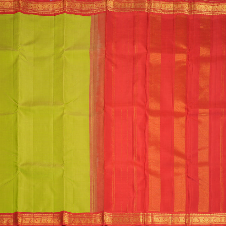 Hayagrivas Handloom Fluorescent Green Kanjivaram Silk Saree with Red Border KBF968I2-1