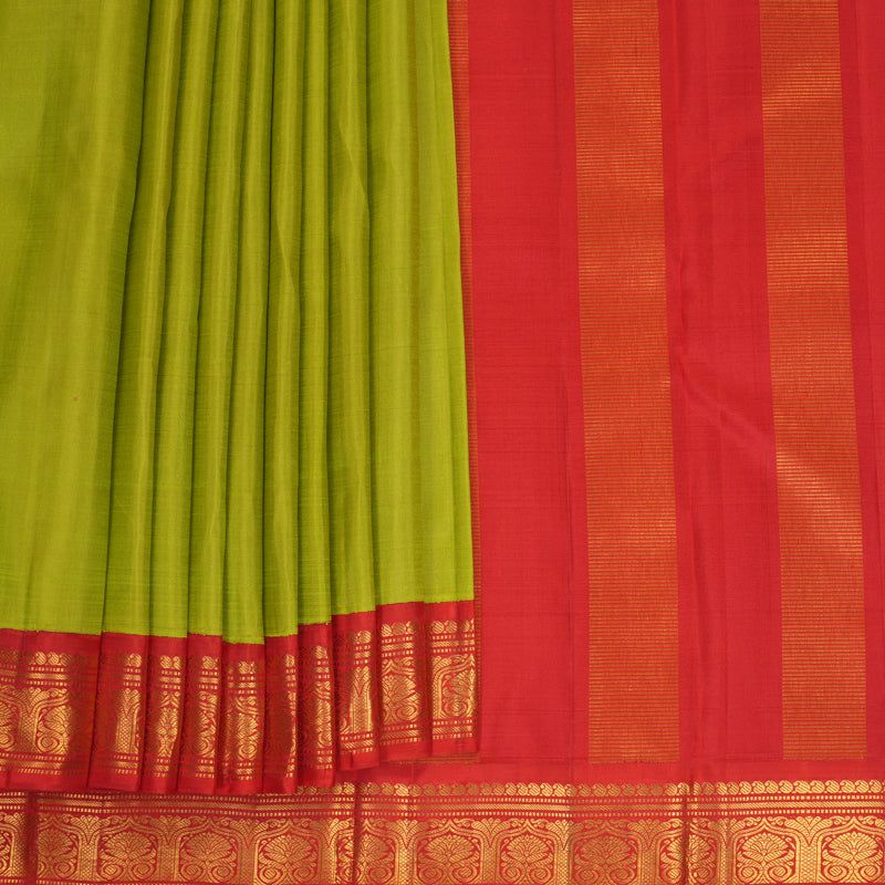 Hayagrivas Handloom Fluorescent Green Kanjivaram Silk Saree with Red Border KBF968I2-1