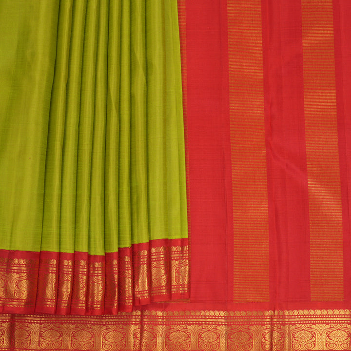 Hayagrivas Handloom Fluorescent Green Kanjivaram Silk Saree with Red Border KBF968I2-1