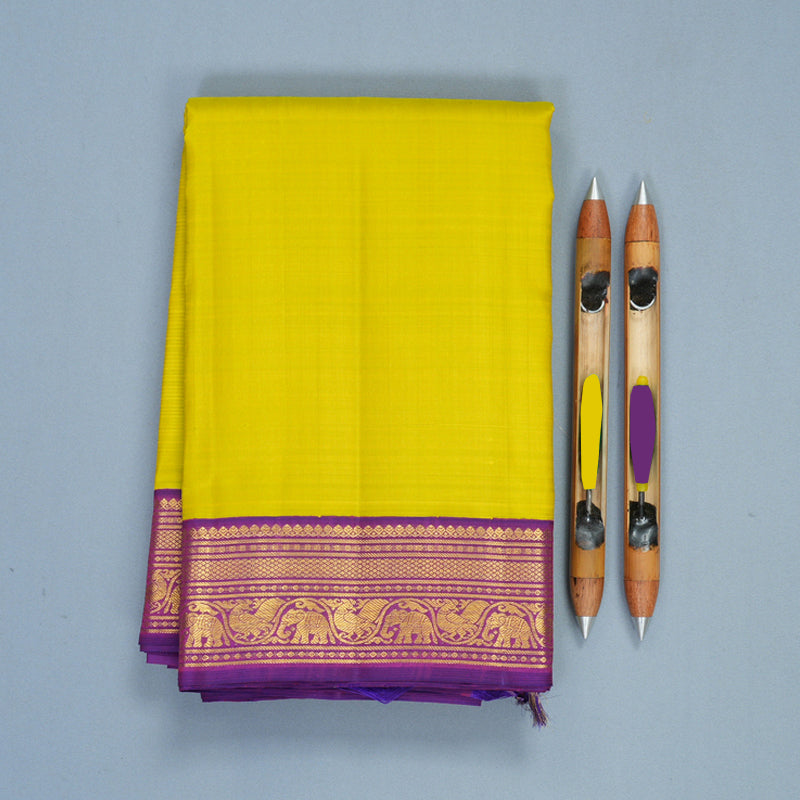 Hayagrivas Handloom Lemon Yellow Kanjivaram Silk Saree with Purple Border KBF968I2-11