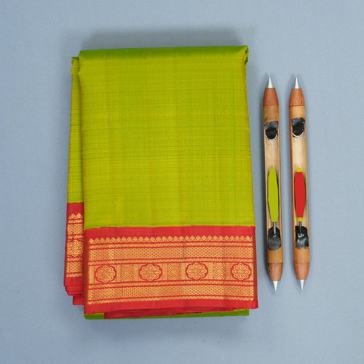 Hayagrivas Handloom Fluorescent Green Kanjivaram Silk Saree with Red Border KBF968I2-2