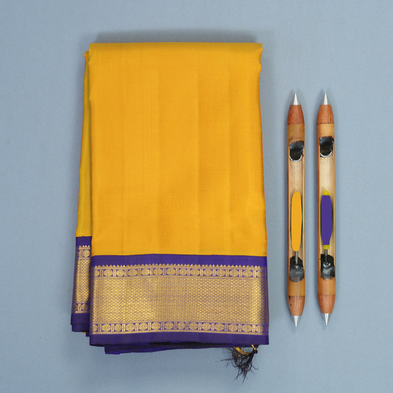 Hayagrivas Handloom Mustard Yellow Kanjivaram Silk Saree with Purplish-Blue Border KBF968I2-3