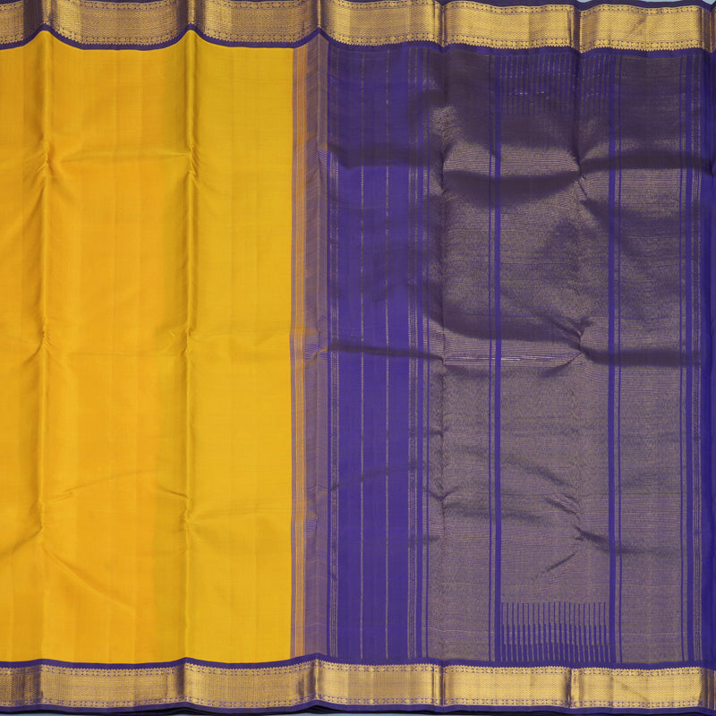 Hayagrivas Handloom Mustard Yellow Kanjivaram Silk Saree with Purplish-Blue Border KBF968I2-3