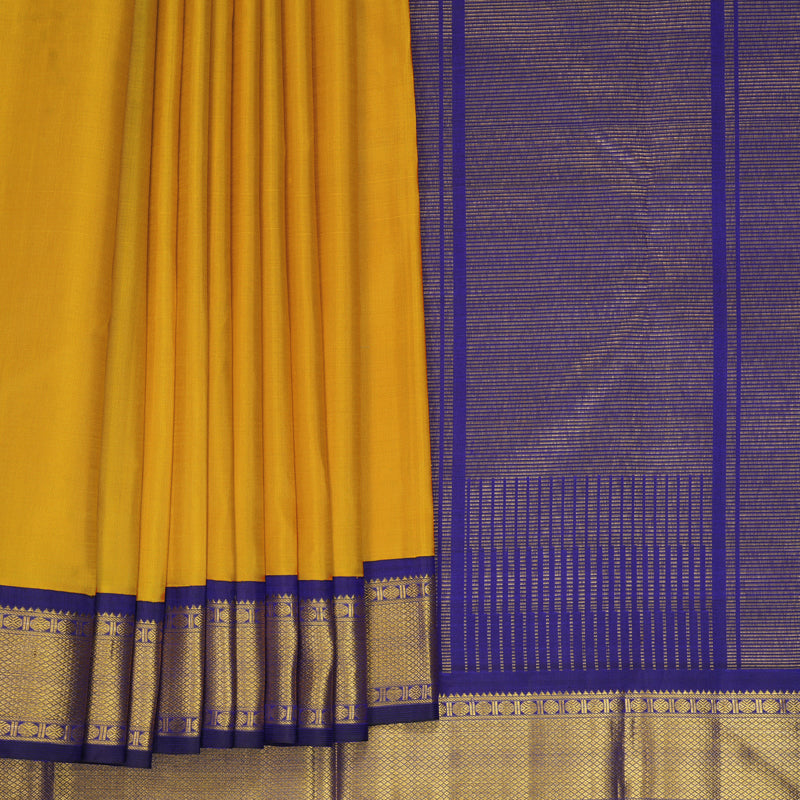 Hayagrivas Handloom Mustard Yellow Kanjivaram Silk Saree with Purplish-Blue Border KBF968I2-3