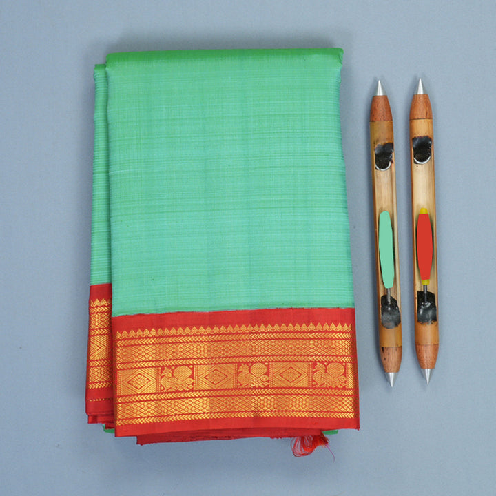 Hayagrivas Handloom Sea Green Kanjivaram Silk Saree with Red Border KBF968I2-6