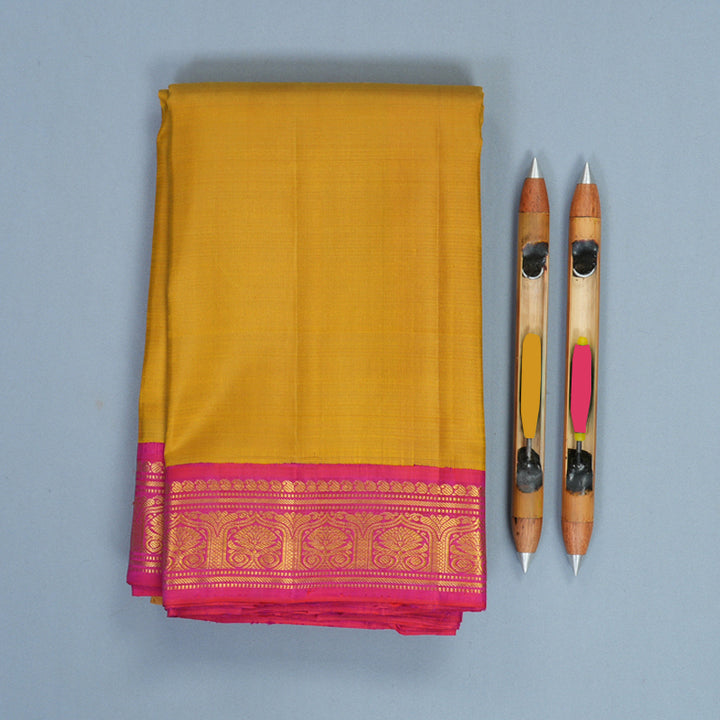 Hayagrivas Handloom Golden Mustard Kanjivaram Silk Saree with Pink Border KBF968I2-9