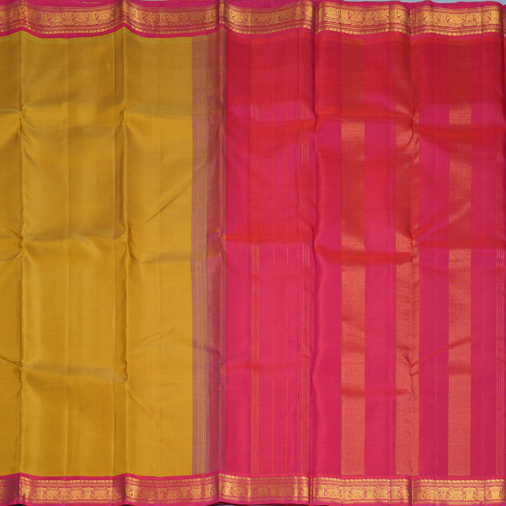 Hayagrivas Handloom Golden Mustard Kanjivaram Silk Saree with Pink Border KBF968I2-9