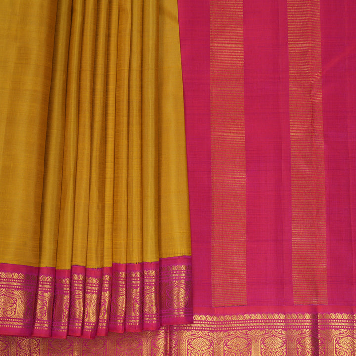 Hayagrivas Handloom Golden Mustard Kanjivaram Silk Saree with Pink Border KBF968I2-9