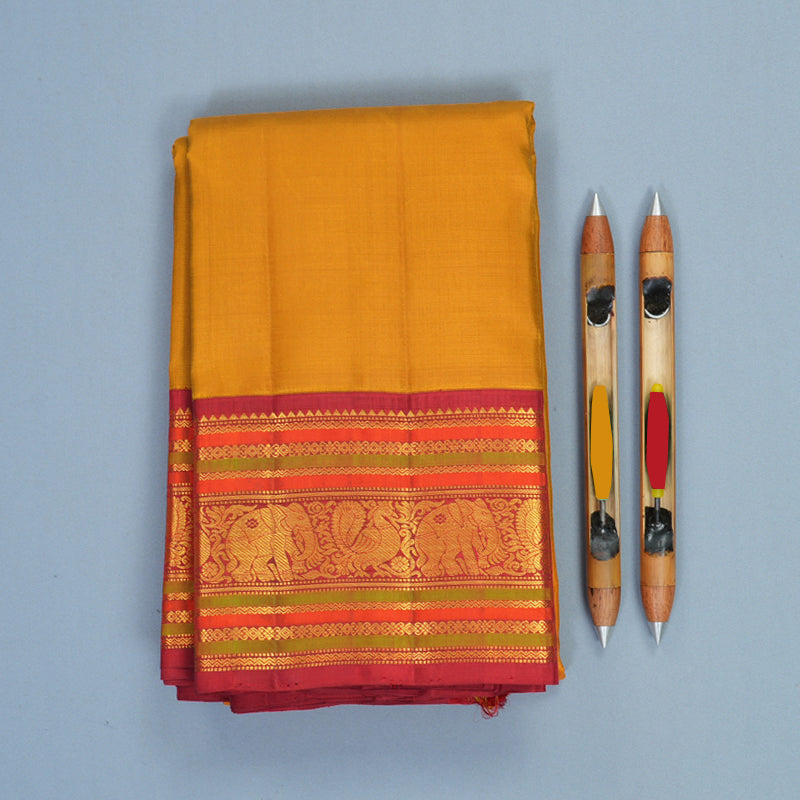 Hayagrivas Handloom Mustard Yellow Kanjivaram Silk Saree with Red Border KBF968I3-1