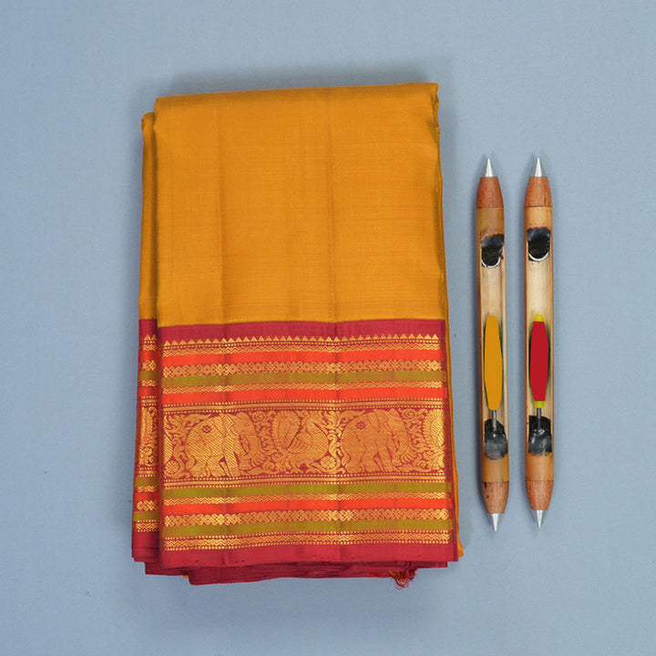 Hayagrivas Handloom Mustard Yellow Kanjivaram Silk Saree with Red Border KBF968I3-1