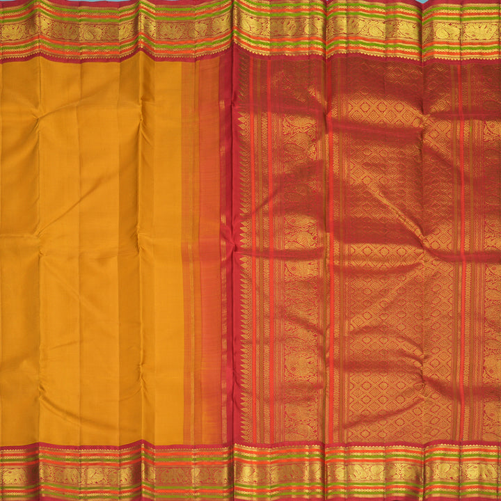 Hayagrivas Handloom Mustard Yellow Kanjivaram Silk Saree with Red Border KBF968I3-1