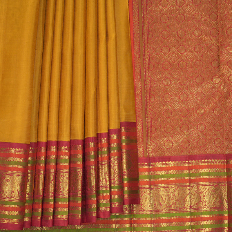 Hayagrivas Handloom Mustard Yellow Kanjivaram Silk Saree with Red Border KBF968I3-1