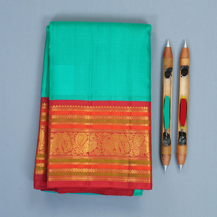 Hayagrivas Handloom Sea Green Kanjivaram Silk Saree with Red Border KBF968I3-2