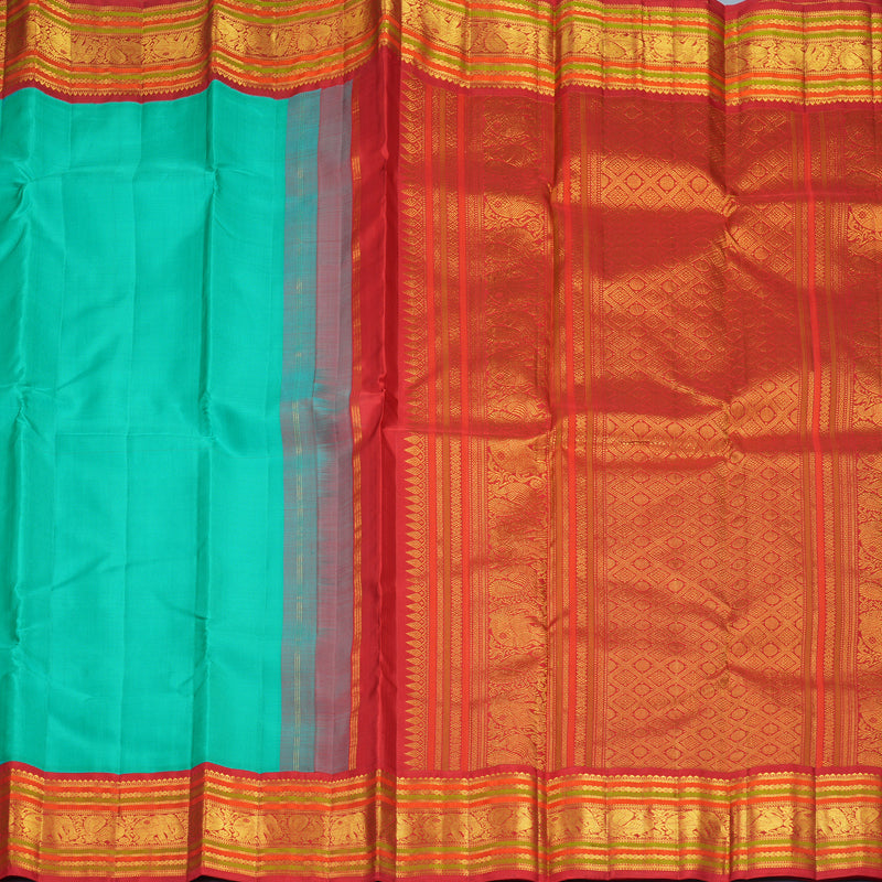 Hayagrivas Handloom Sea Green Kanjivaram Silk Saree with Red Border KBF968I3-2