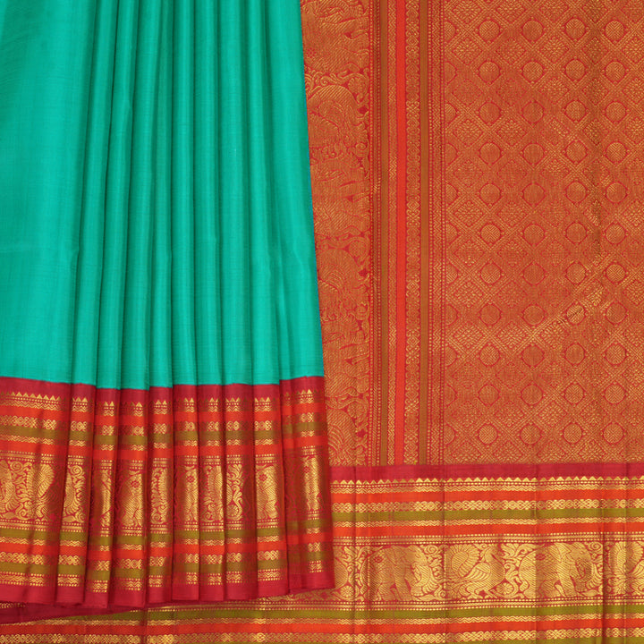 Hayagrivas Handloom Sea Green Kanjivaram Silk Saree with Red Border KBF968I3-2