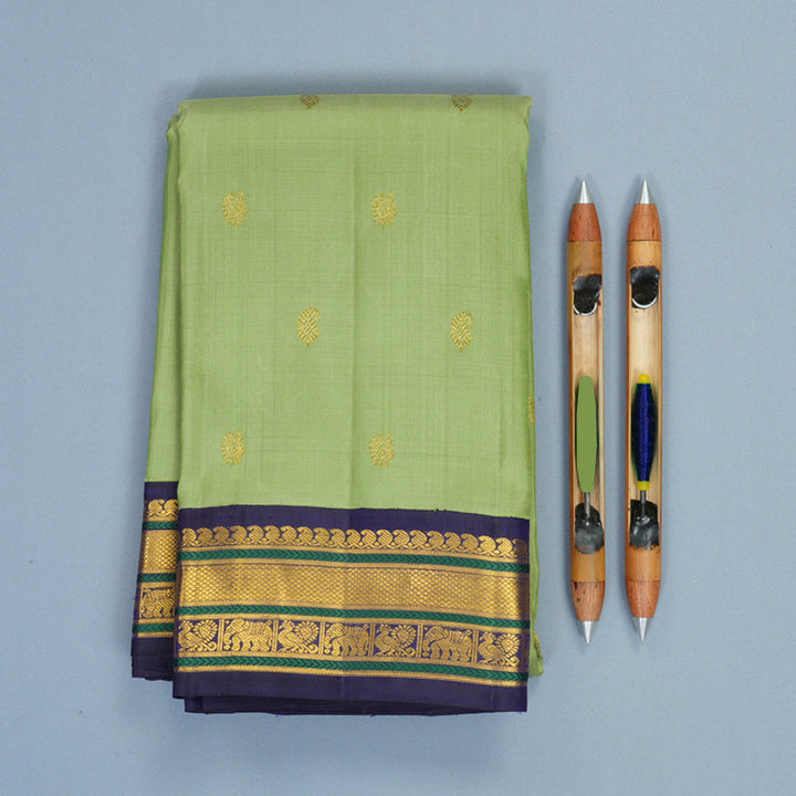 Hayagrivas Handloom Pastel Green Kanjivaram Silk Saree with Midnight Blue Border KBF968I4-2
