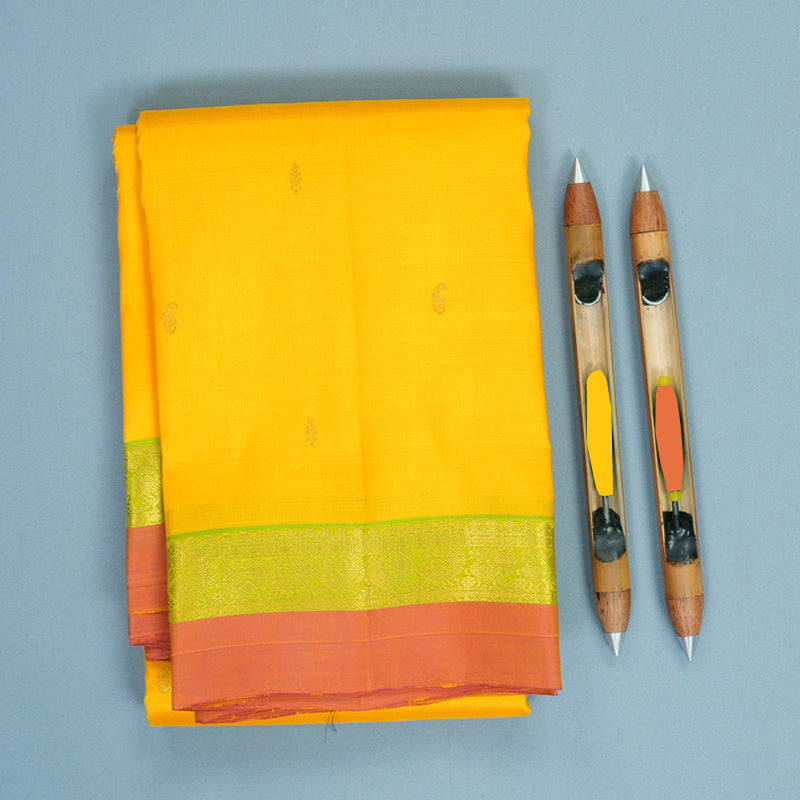 Hayagrivas Handloom Yellow Kanjivaram Silk Saree with Parrot Green &amp; Pink Border KBF969I1-3