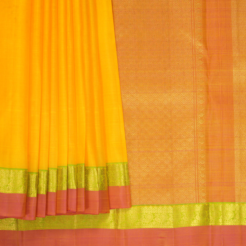 Hayagrivas Handloom Yellow Kanjivaram Silk Saree with Parrot Green &amp; Pink Border KBF969I1-3