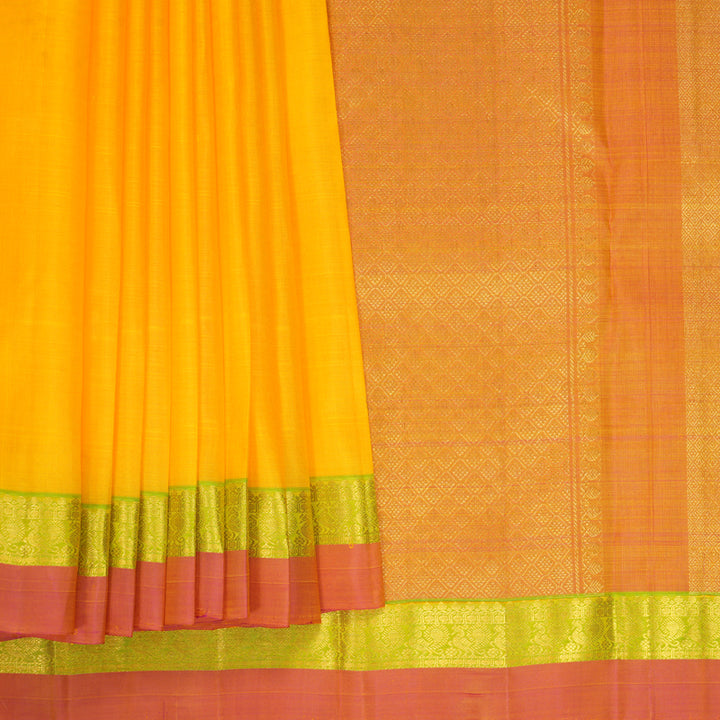 Hayagrivas Handloom Yellow Kanjivaram Silk Saree with Parrot Green &amp; Pink Border KBF969I1-3