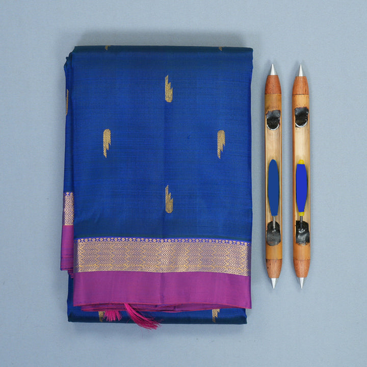 Hayagrivas Handloom Peacock Blue Kanjivaram Silk Saree with Purple Border KBF969I1-4