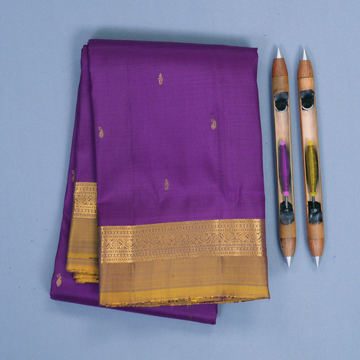 Hayagrivas Handloom Purple Kanjivaram Silk Saree with Honey Mustard Border KBF969I1-5