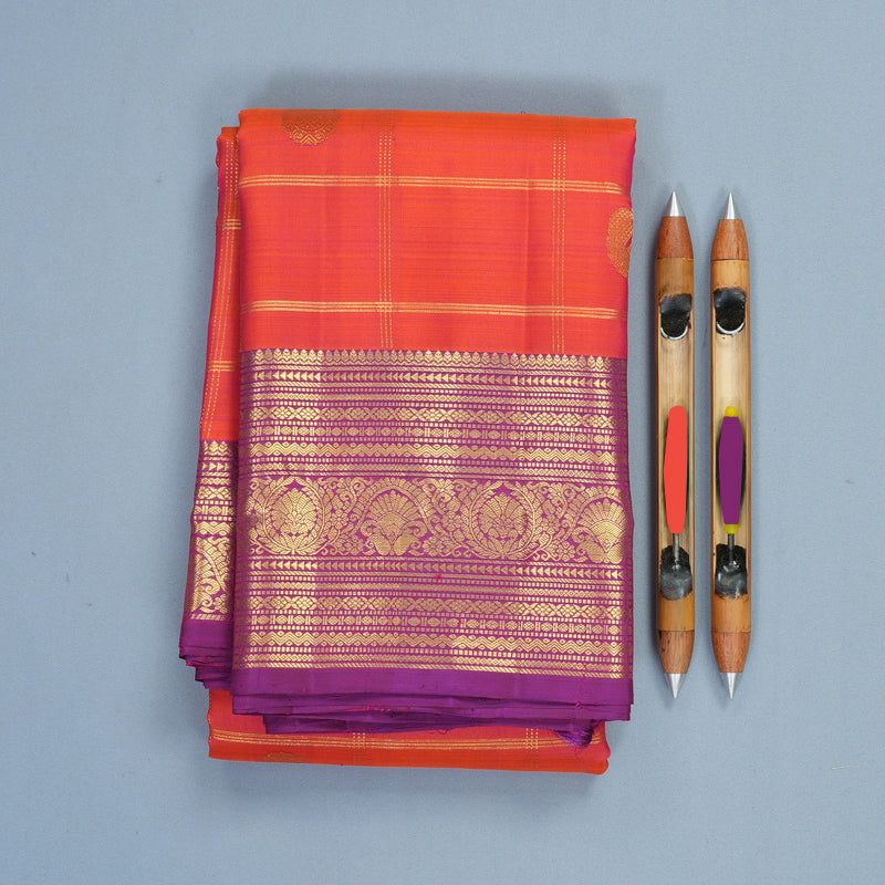 Hayagrivas Handloom Orangish-Pink Kanjivaram Silk Saree with Purple Border KBF969I11-2