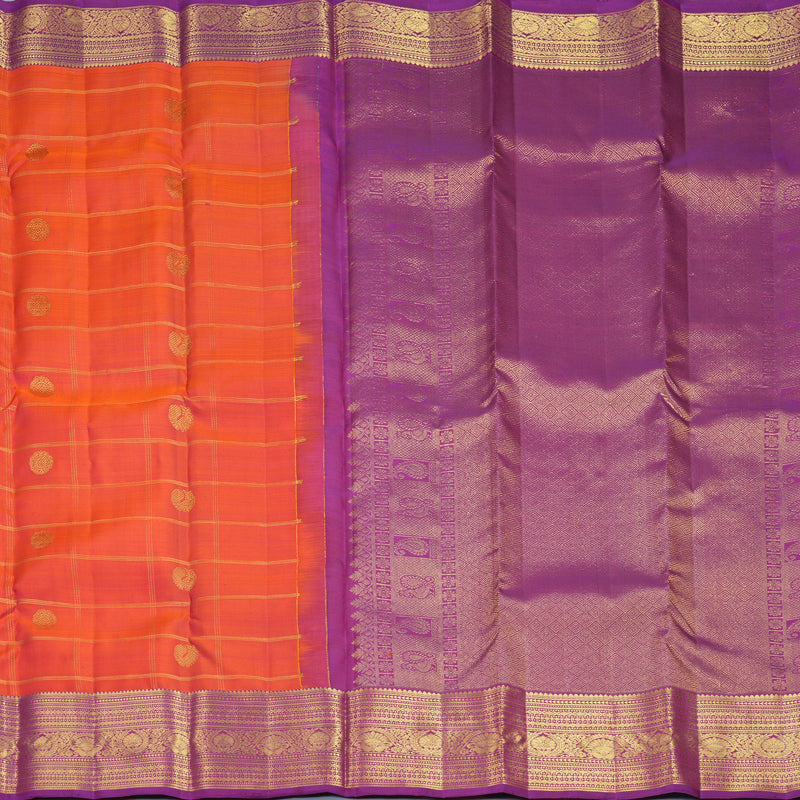 Hayagrivas Handloom Orangish-Pink Kanjivaram Silk Saree with Purple Border KBF969I11-2