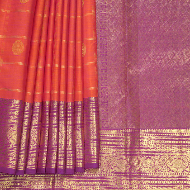 Hayagrivas Handloom Orangish-Pink Kanjivaram Silk Saree with Purple Border KBF969I11-2