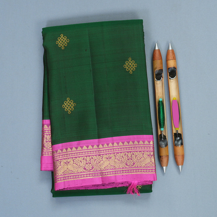 Hayagrivas Handloom Bottle Green Kanjivaram Silk Saree with Pink Border KBF969I3-8