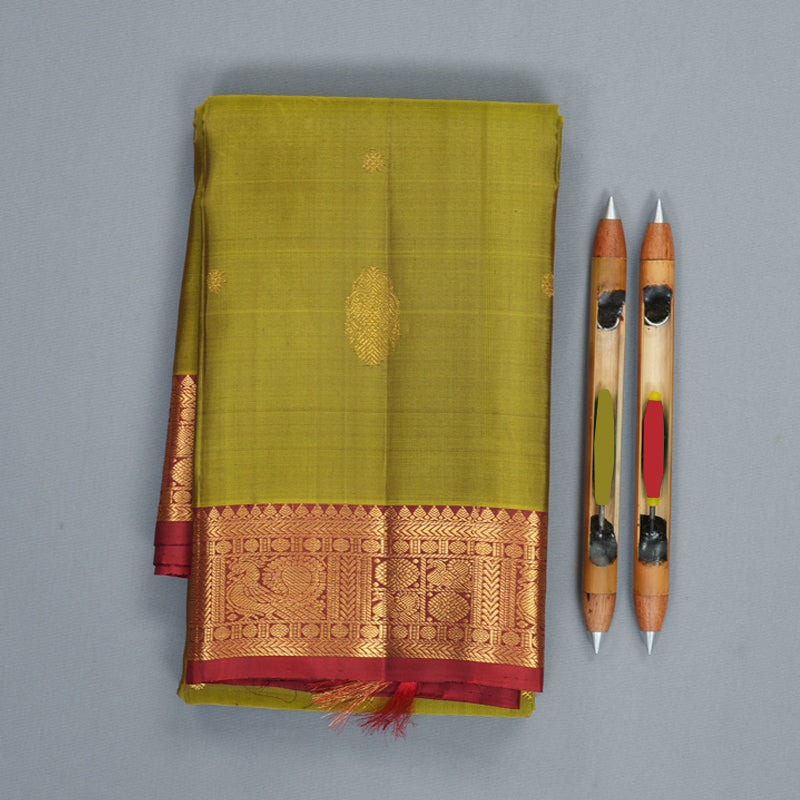Hayagrivas Handloom Olive Green Kanjivaram Silk Saree with Rusty Red Border KBF969I4-4