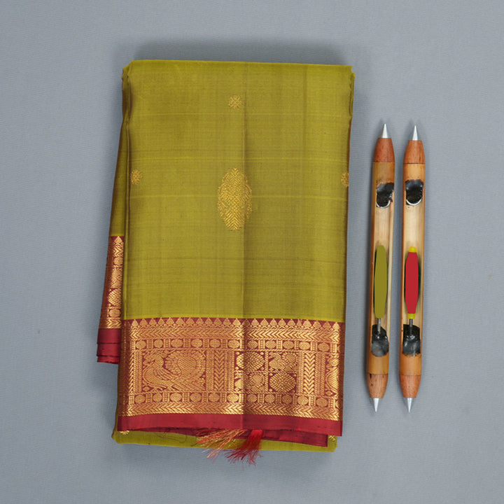 Hayagrivas Handloom Olive Green Kanjivaram Silk Saree with Rusty Red Border KBF969I4-4