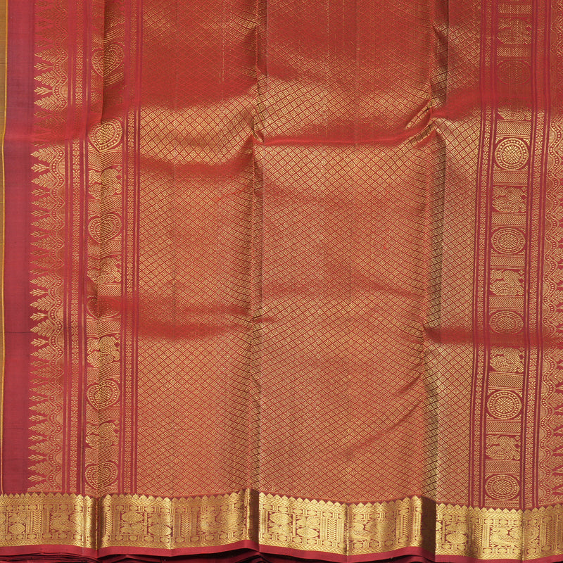 Hayagrivas Handloom Olive Green Kanjivaram Silk Saree with Rusty Red Border KBF969I4-4