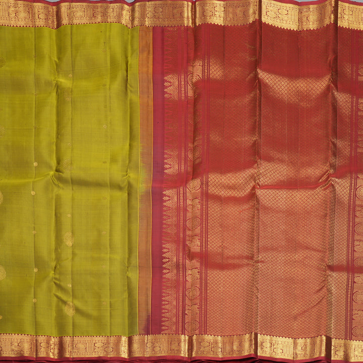 Hayagrivas Handloom Olive Green Kanjivaram Silk Saree with Rusty Red Border KBF969I4-4