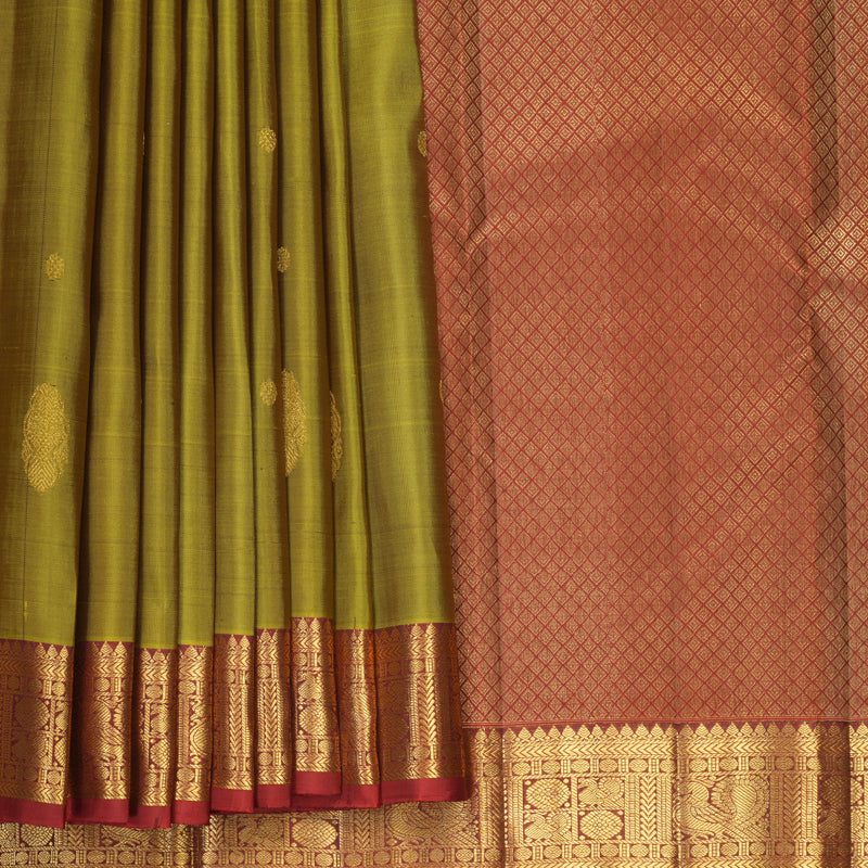 Hayagrivas Handloom Olive Green Kanjivaram Silk Saree with Rusty Red Border KBF969I4-4