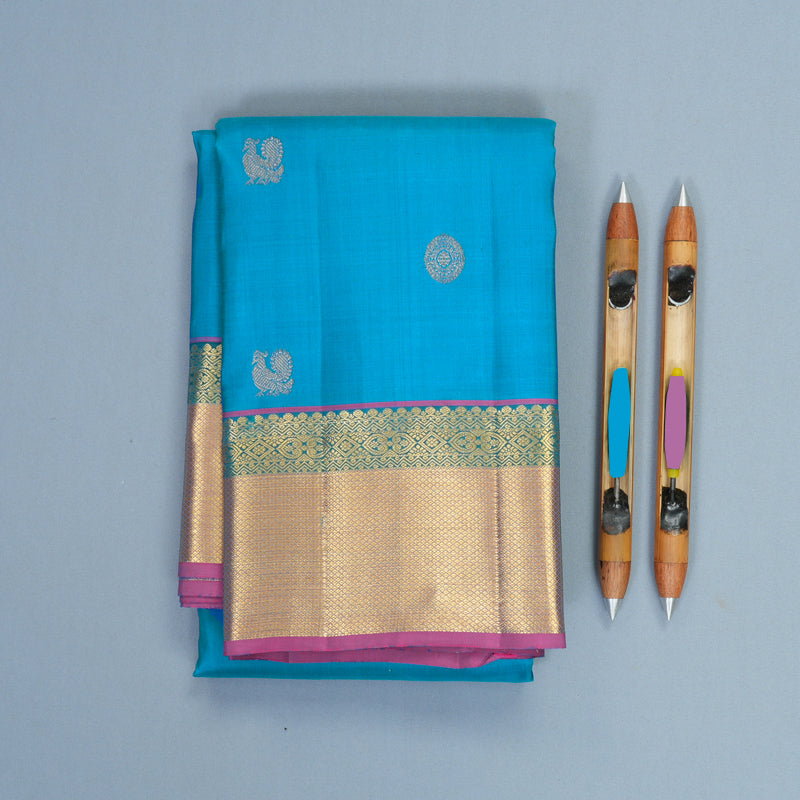Hayagrivas Handloom Sky Blue Kanjivaram Silk Saree with Purple Border KBF969I6-2